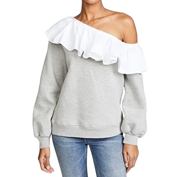 CLU One Shoulder Ruffled Sweatshirt In Heather Gray/White - Picture 1 of 10